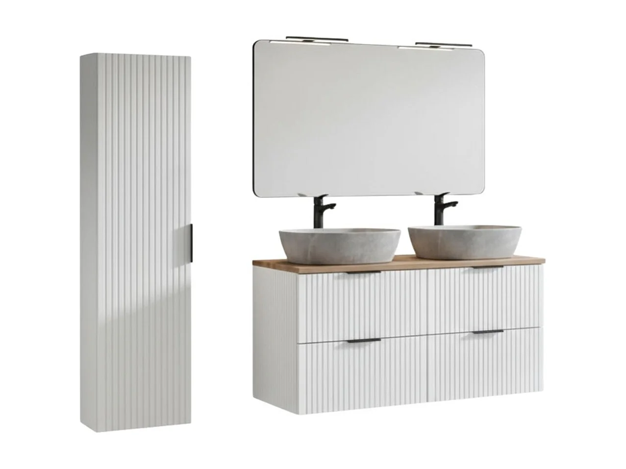 Ensemble de salle de bain NOXERA 120 cm – Blanc alpin et chêne wotan – Double vasque effet marbre, colonne et miroir avec lampe
