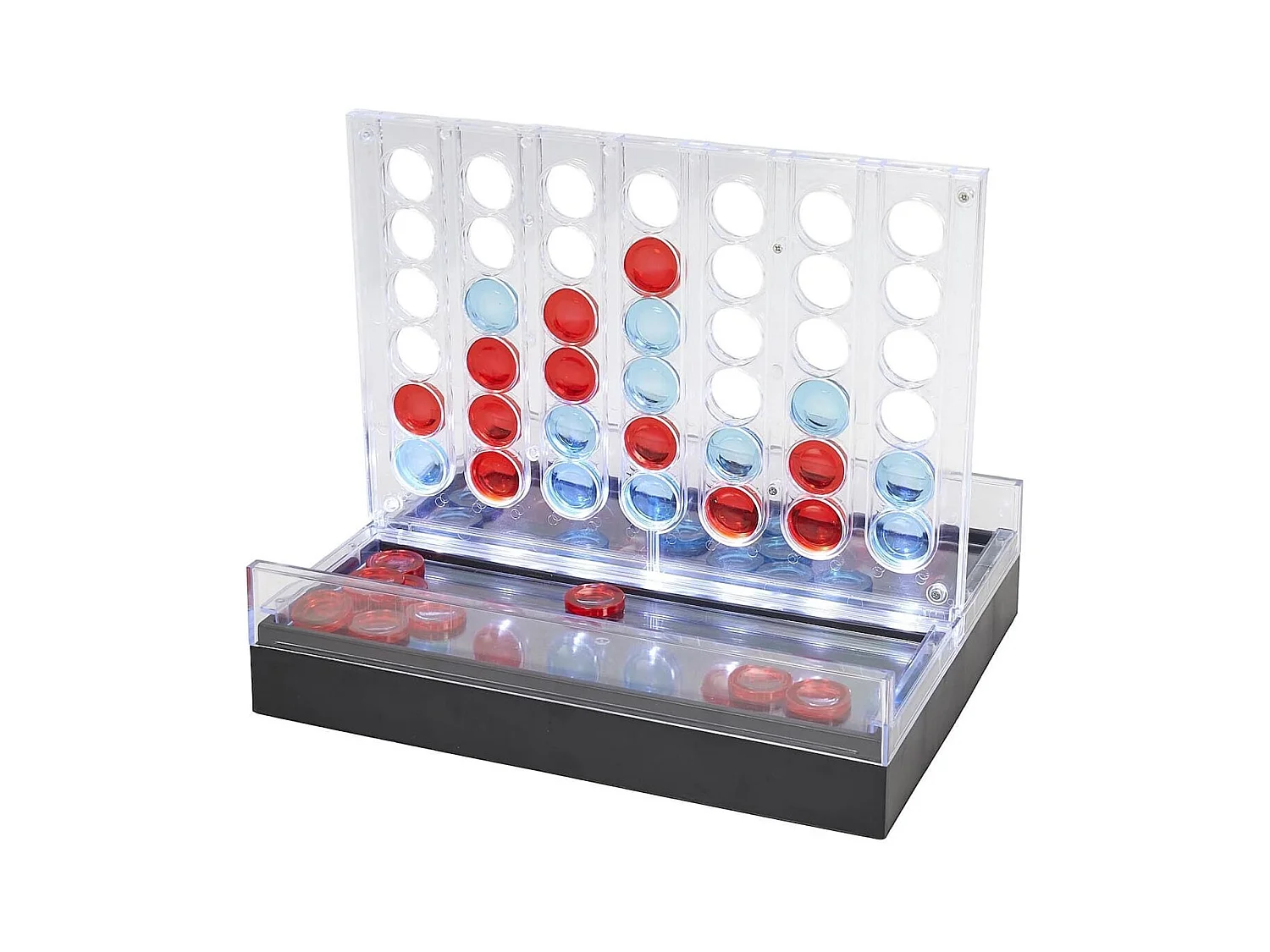 Jeu du 4 à la suite transparent avec pions rouges et bleus et éclairage LED