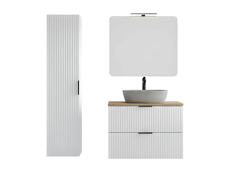 Ensemble de salle de bain NOXERA 80 cm – Meuble sous vasque suspendu blanc mat et chêne wotan avec vasque imitation marbre, miro