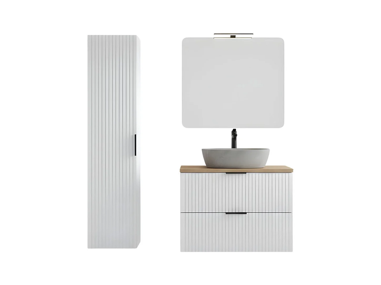 Ensemble de salle de bain NOXERA 80 cm – Meuble sous vasque suspendu blanc mat et chêne wotan avec vasque imitation marbre, miro