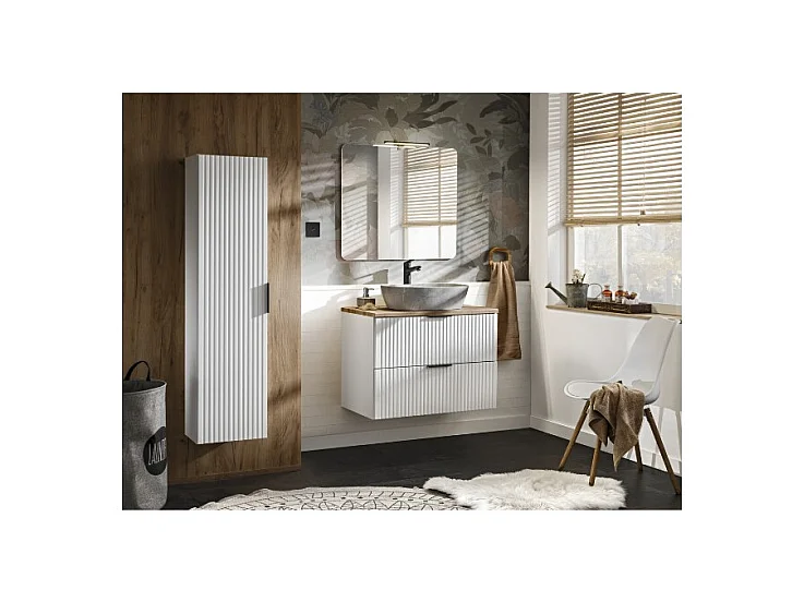 Ensemble de salle de bain NOXERA 80 cm – Meuble sous vasque suspendu blanc mat et chêne wotan avec vasque imitation marbre, miro