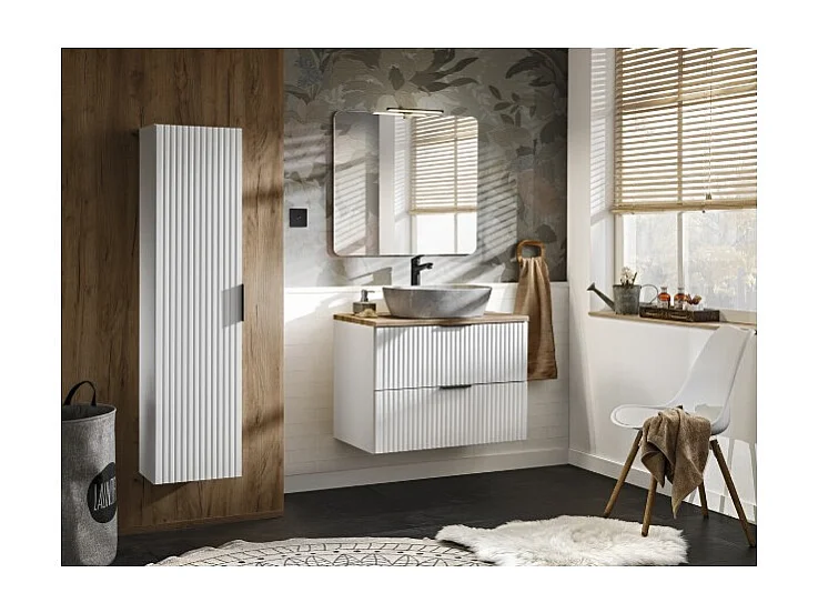 Ensemble de salle de bain NOXERA – Meuble sous vasque avec vasque imitation marbre, colonne suspendue, miroir et lampe LED