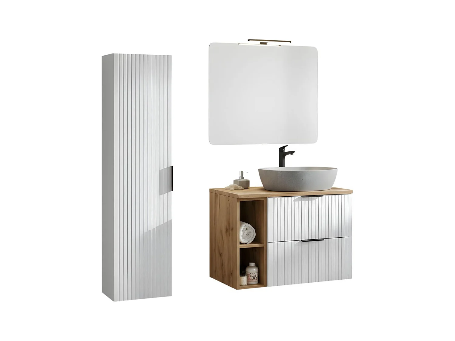 Ensemble de salle de bain NOXERA 80 cm – Meuble sous vasque suspendu blanc mat et chêne wotan avec vasque imitation marbre, miro