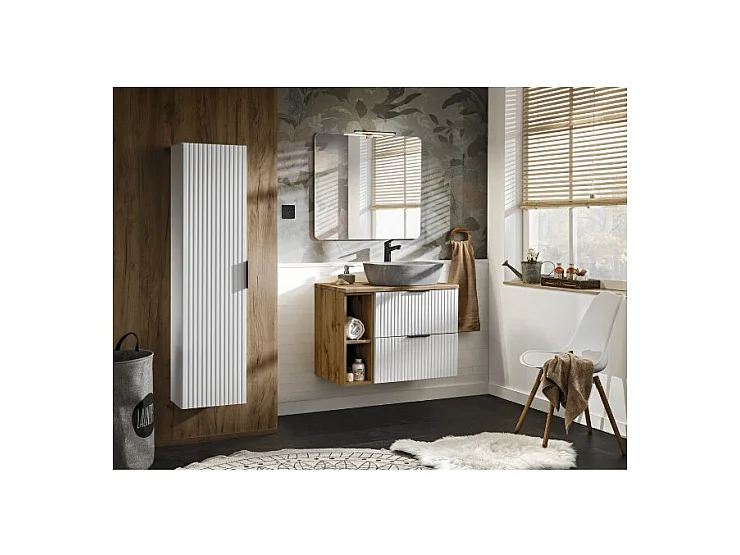 Ensemble de salle de bain NOXERA 80 cm – Meuble sous vasque suspendu blanc mat et chêne wotan avec vasque imitation marbre, miro