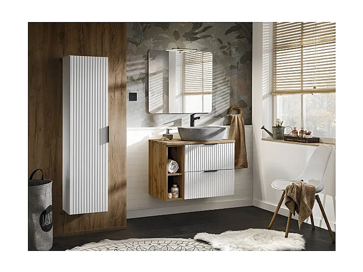 Ensemble de salle de bain NOXERA – Meuble sous vasque suspendu avec vasque imitation marbre, rangements, miroir et lampe LED