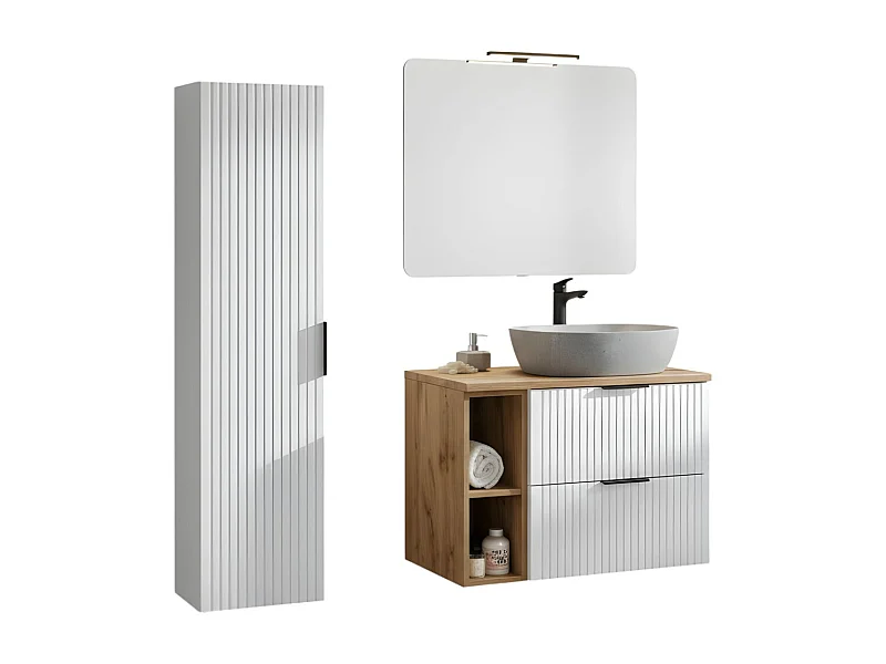 Ensemble de salle de bain NOXERA – Meuble sous vasque suspendu avec vasque imitation marbre, rangements, miroir et lampe LED