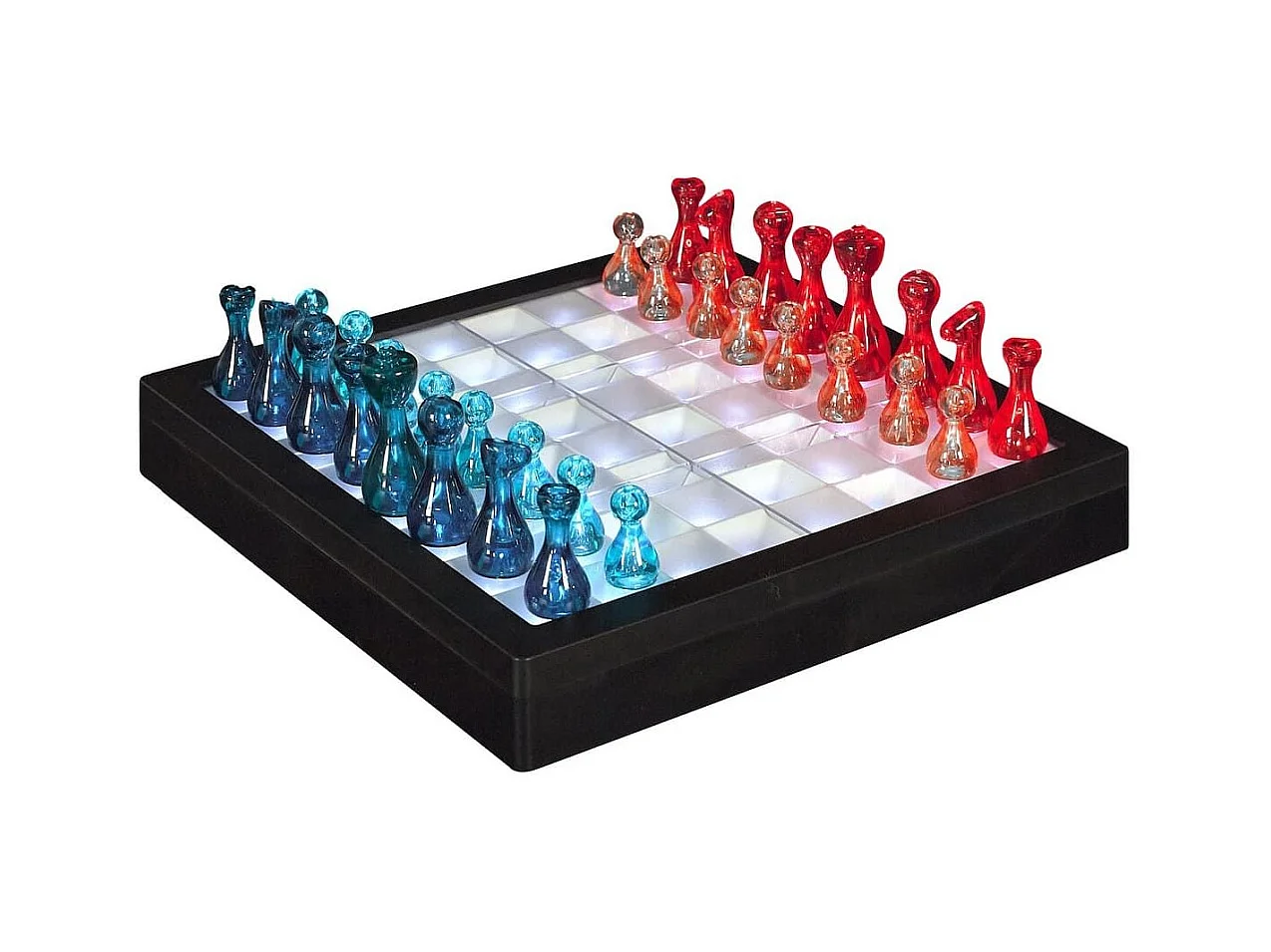 Jeu d'échec transparent avec pions rouges et bleus et éclairage LED