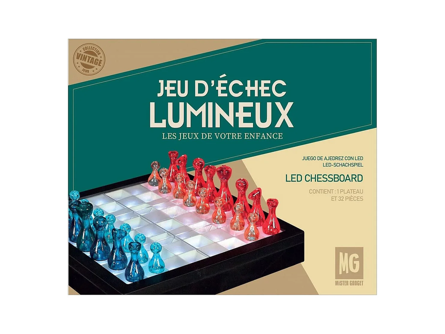 Jeu d'échec transparent avec pions rouges et bleus et éclairage LED