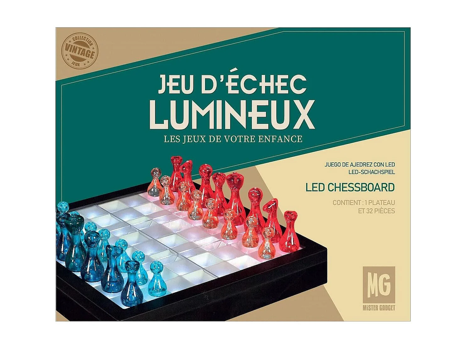 Jeu d'échec transparent avec pions rouges et bleus et éclairage LED