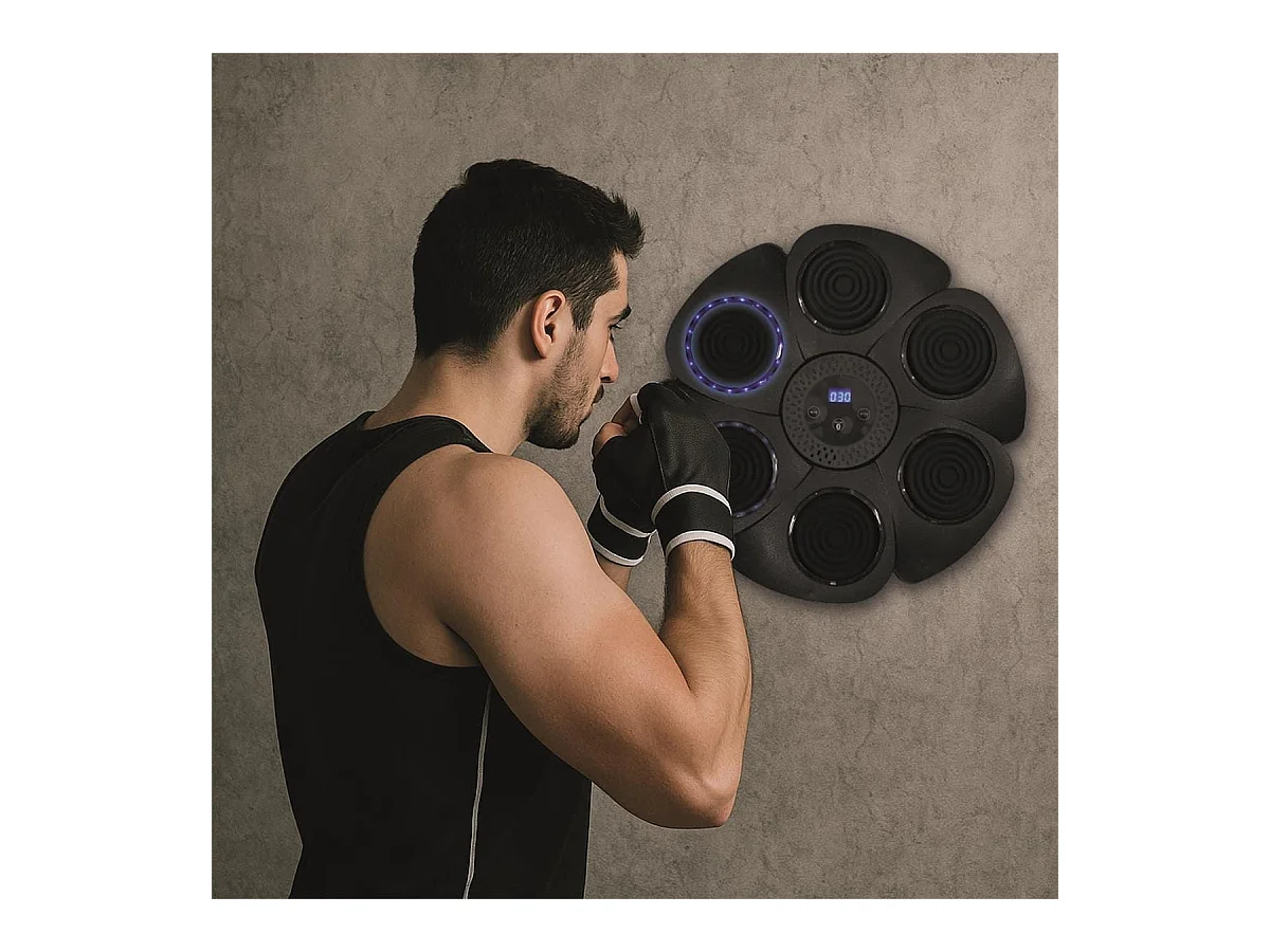 Machine de boxe murale avec enceinte intégrée et une paire de gants et 4 bandes auto-agrippantes