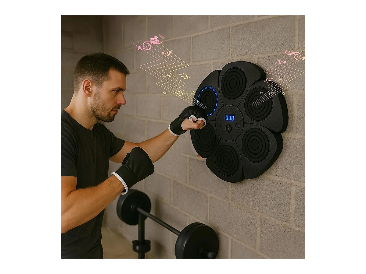 Machine de boxe murale avec enceinte intégrée et une paire de gants et 4 bandes auto-agrippantes