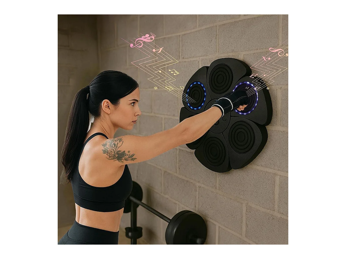 Machine de boxe murale avec enceinte intégrée et une paire de gants et 4 bandes auto-agrippantes