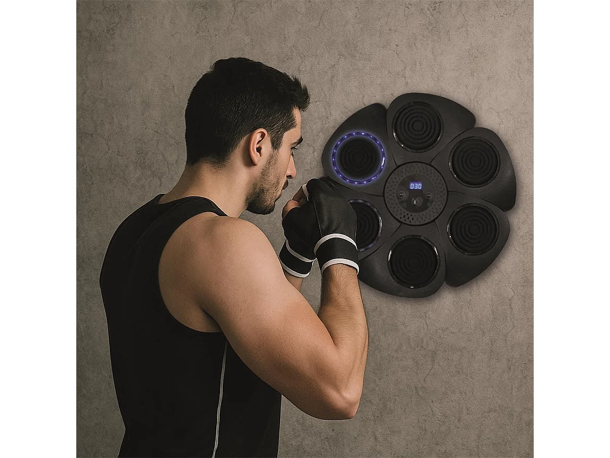 Machine de boxe murale avec enceinte intégrée et une paire de gants et 4 bandes auto-agrippantes