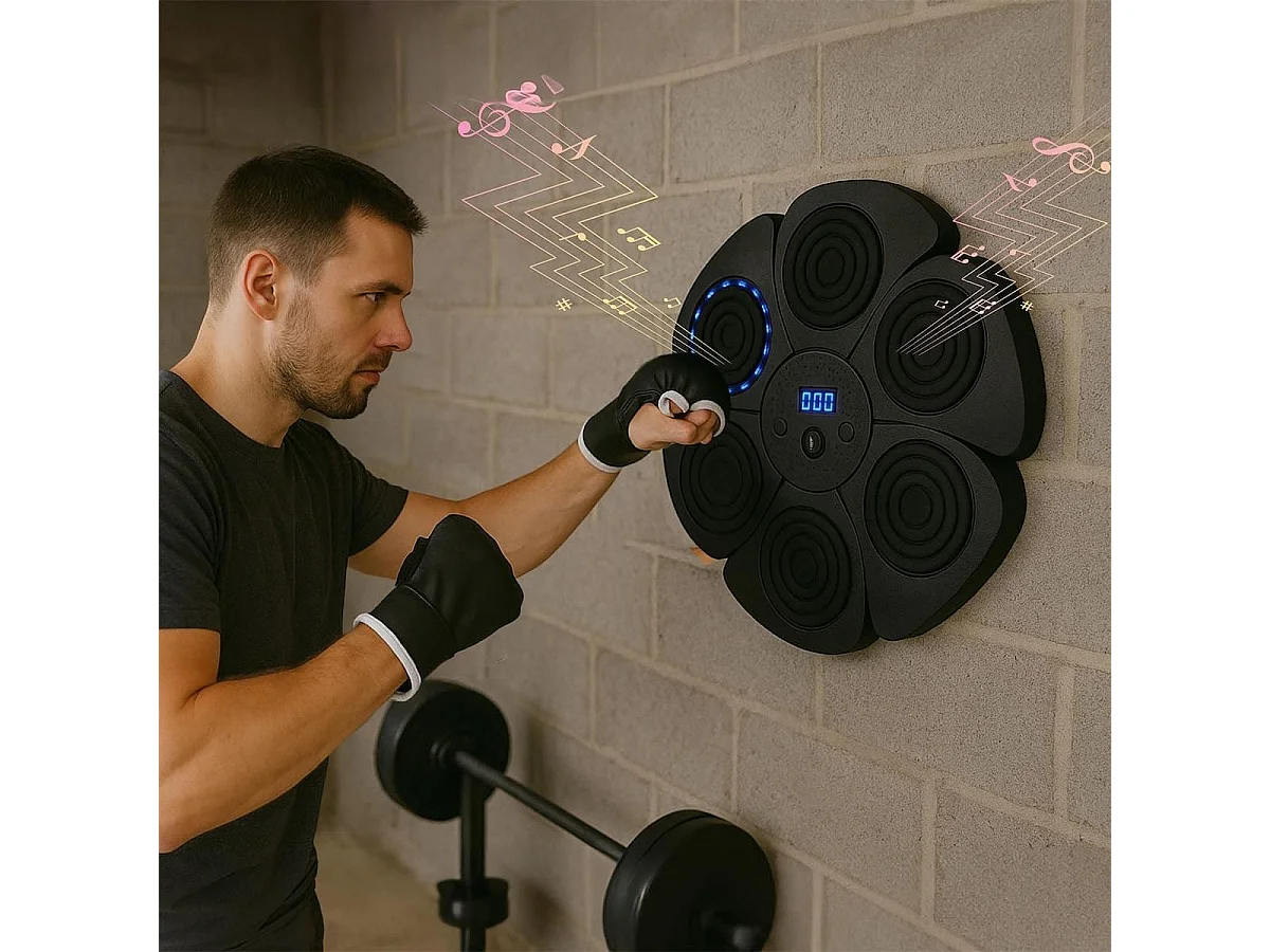 Machine de boxe murale avec enceinte intégrée et une paire de gants et 4 bandes auto-agrippantes