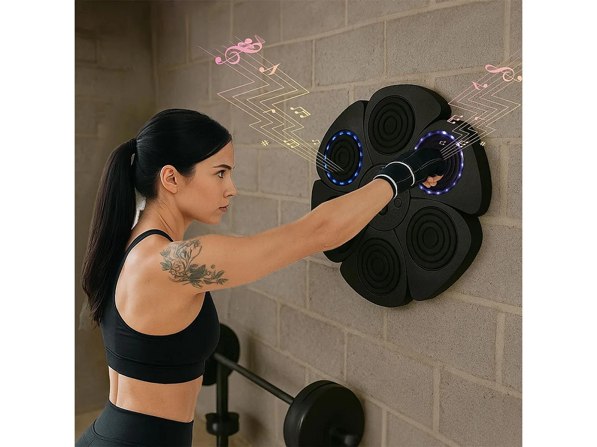 Machine de boxe murale avec enceinte intégrée et une paire de gants et 4 bandes auto-agrippantes