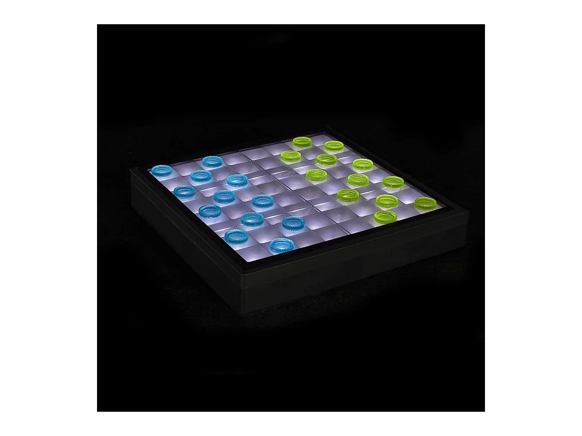 Jeu de dame transparent avec pions verts et bleus et éclairage LED