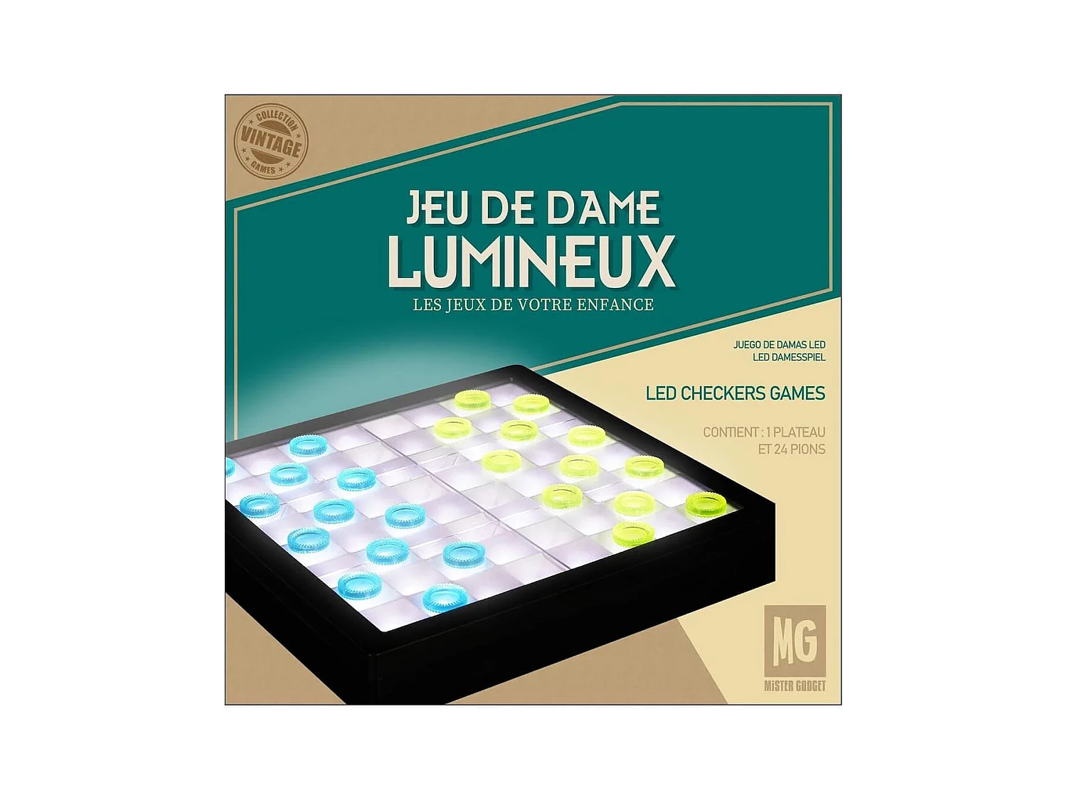 Jeu de dame transparent avec pions verts et bleus et éclairage LED