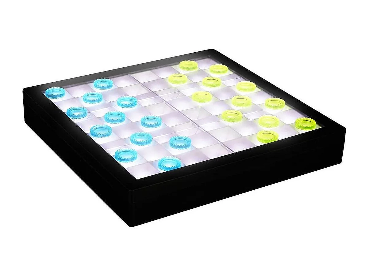 Jeu de dame transparent avec pions verts et bleus et éclairage LED
