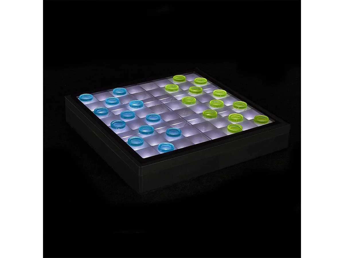 Jeu de dame transparent avec pions verts et bleus et éclairage LED