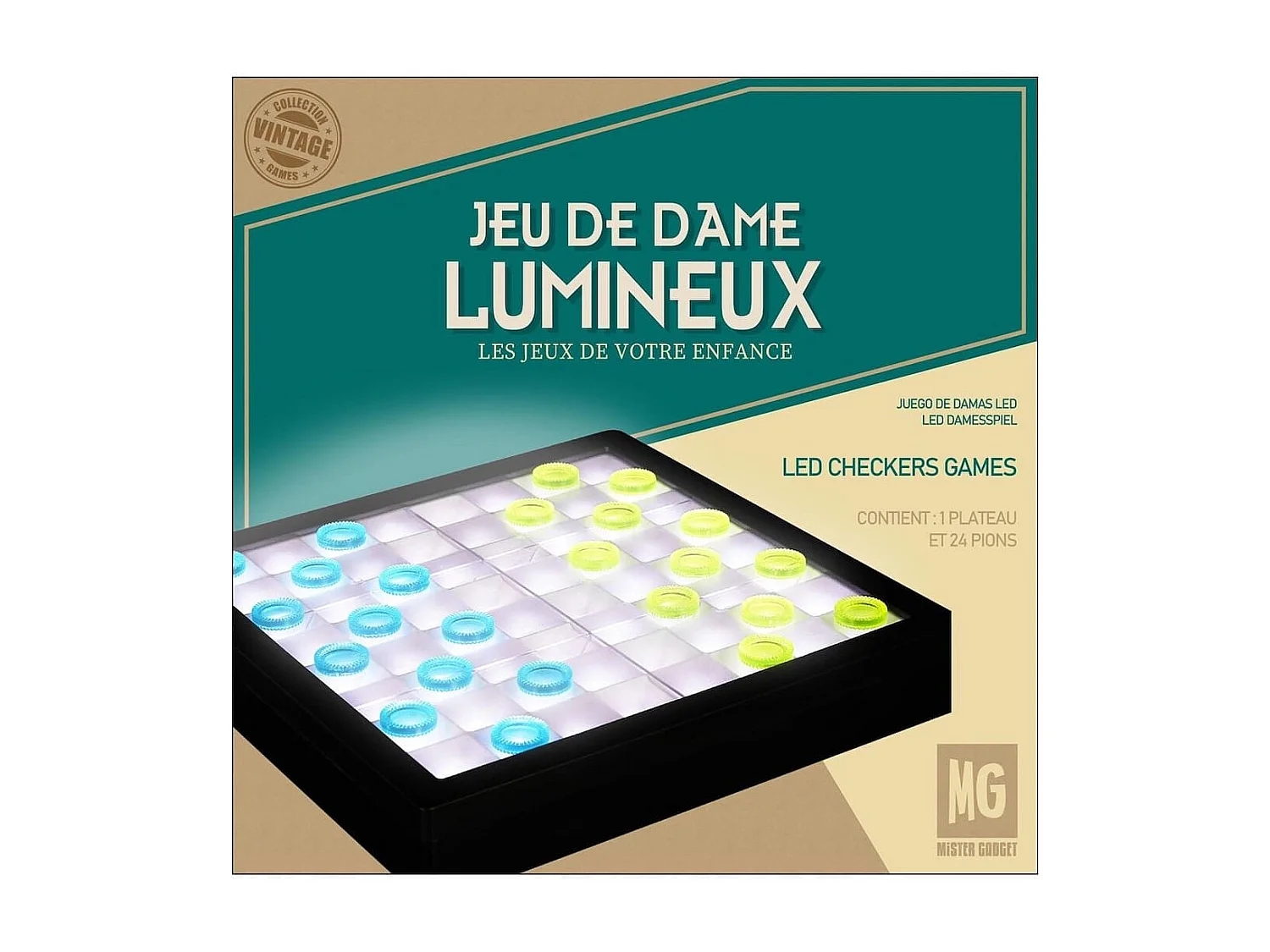 Jeu de dame transparent avec pions verts et bleus et éclairage LED
