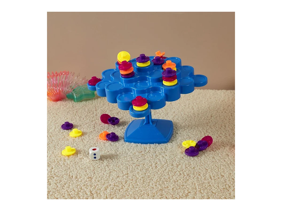 Jeu d'équilibre en plastique bleu avec 48 pièces multicolores et 1 dé inclus