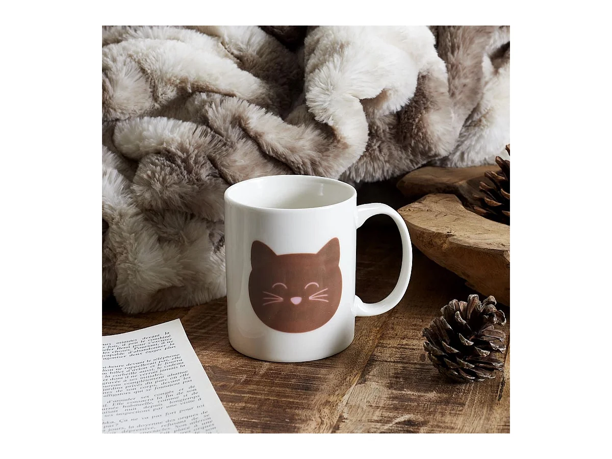Mug thermoreactif 30 cl en céramique blanc avec un chat