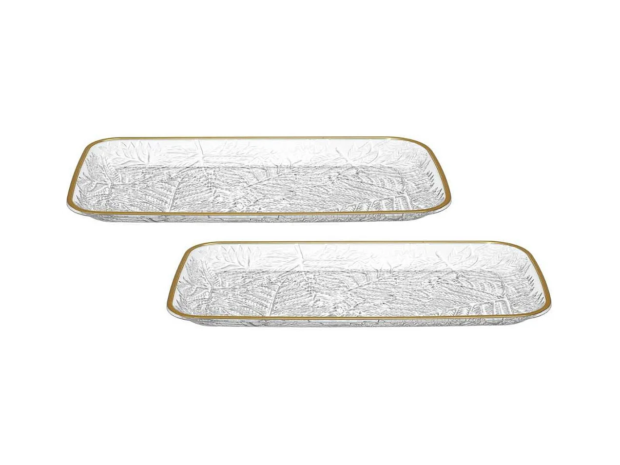 Set de 2 plats de service en plastique transparent motif feuilles avec contour doré (L34 cm)