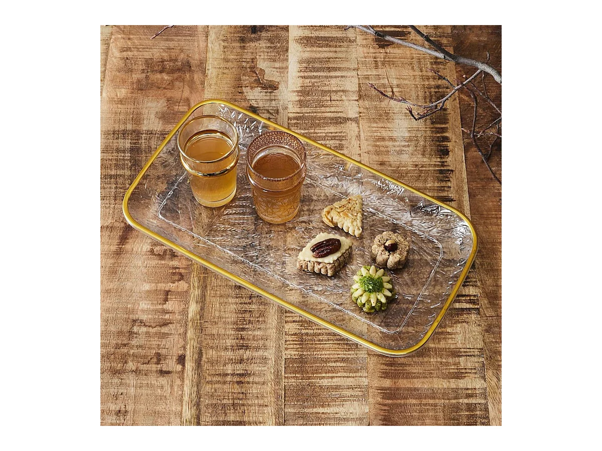 Set de 2 plats de service en plastique transparent motif feuilles avec contour doré (L34 cm)