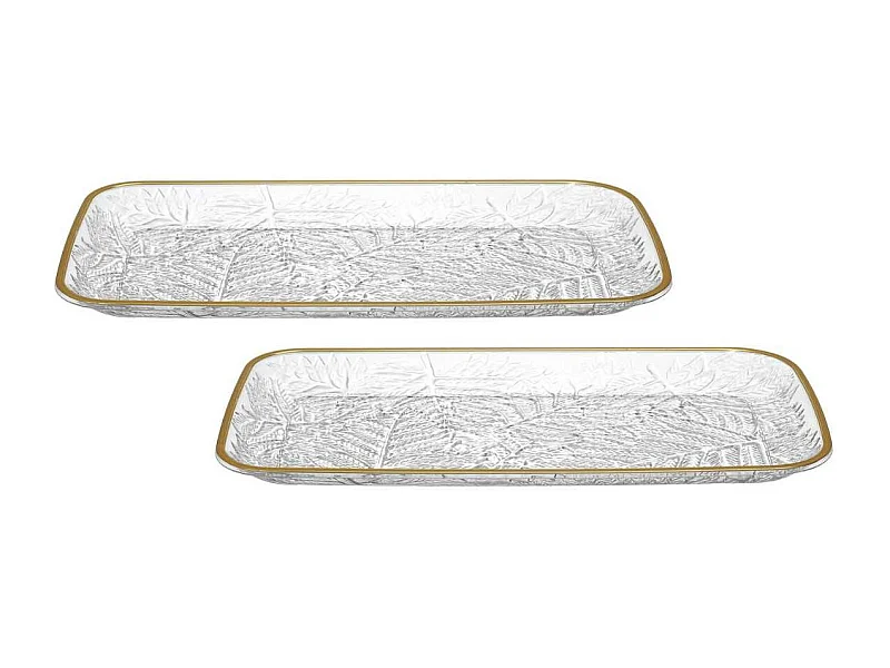 Set de 2 plats de service en plastique transparent motif feuilles avec contour doré (L34 cm)