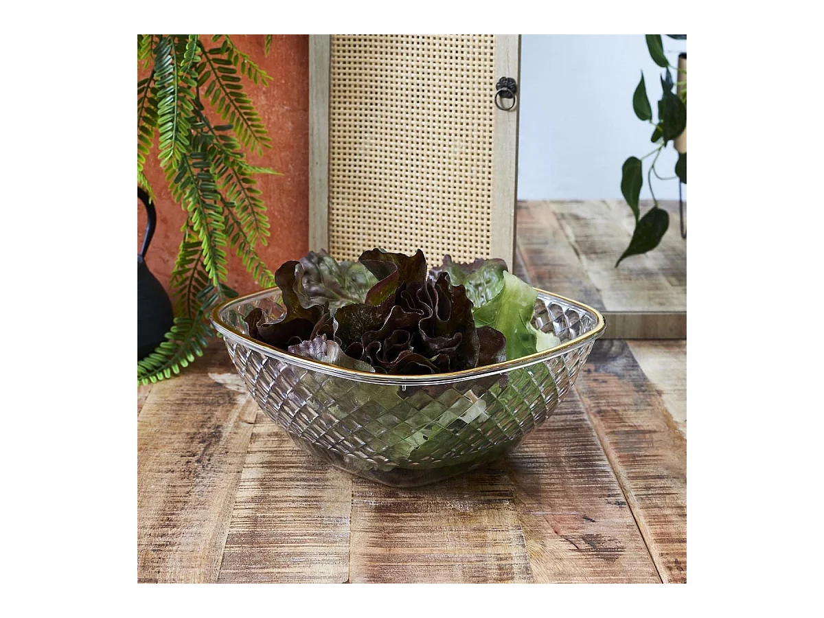 Set de 2 saladiers en plastique transparent en nid d'abeille avec contour doré (300cl)