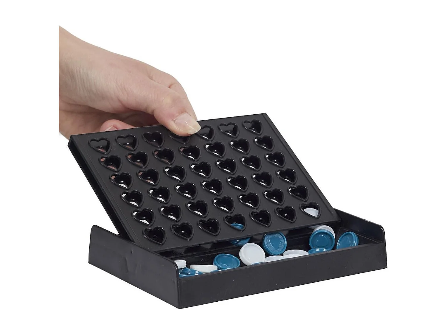 Jeu du 4 à la suite mini avec plateau noire et 42 jetons bleus en plastique