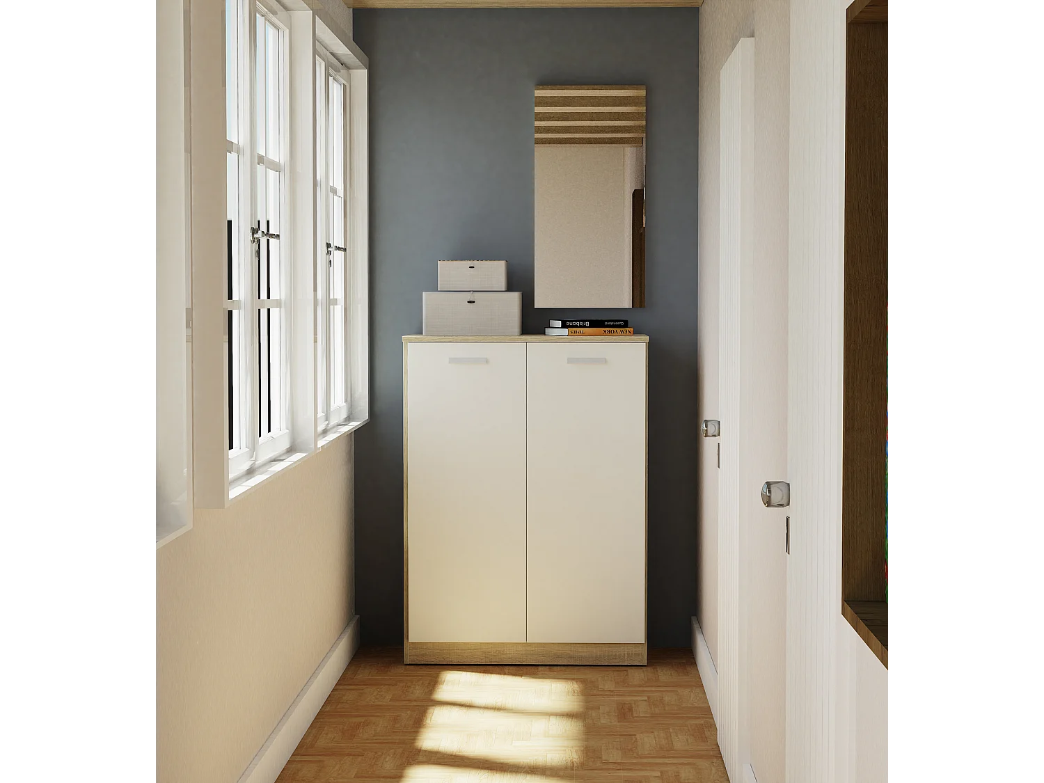 Armoire auxiliaire meuble multi-usages basse à 2 portes coloris Blanc et Chêne cambrien - Longueur 74 x Profondeur 36 x Hauteur 101 cm