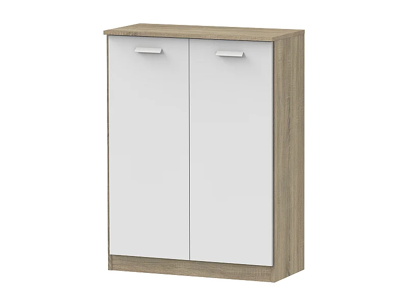 Armoire auxiliaire meuble multi-usages basse à 2 portes coloris Blanc et Chêne cambrien - Longueur 74 x Profondeur 36 x Hauteur 101 cm
