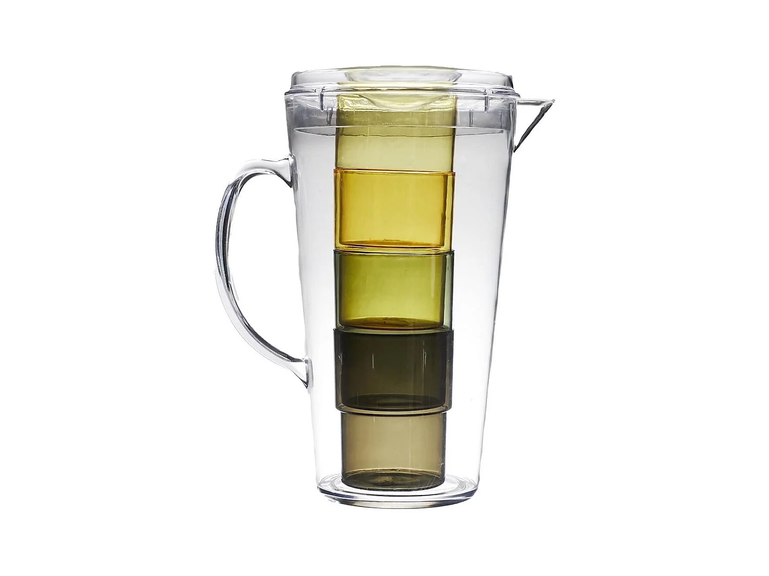Ensemble de 1 pichet et 4 verres assortis en plastique coloré (vert, jaune, transparent)