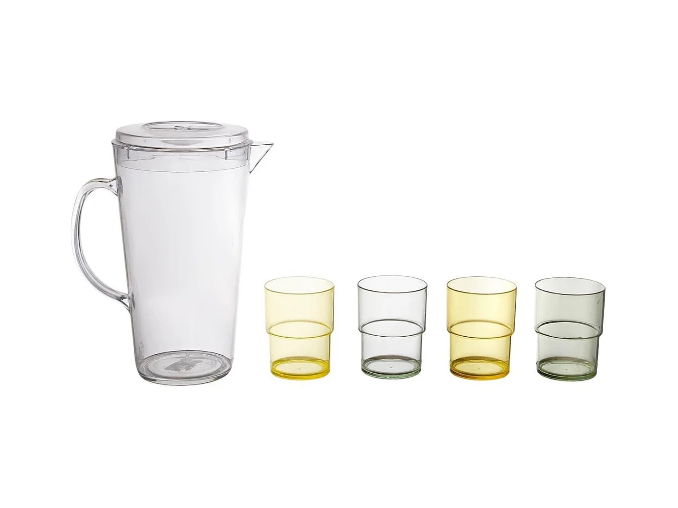 Ensemble de 1 pichet et 4 verres assortis en plastique coloré (vert, jaune, transparent)