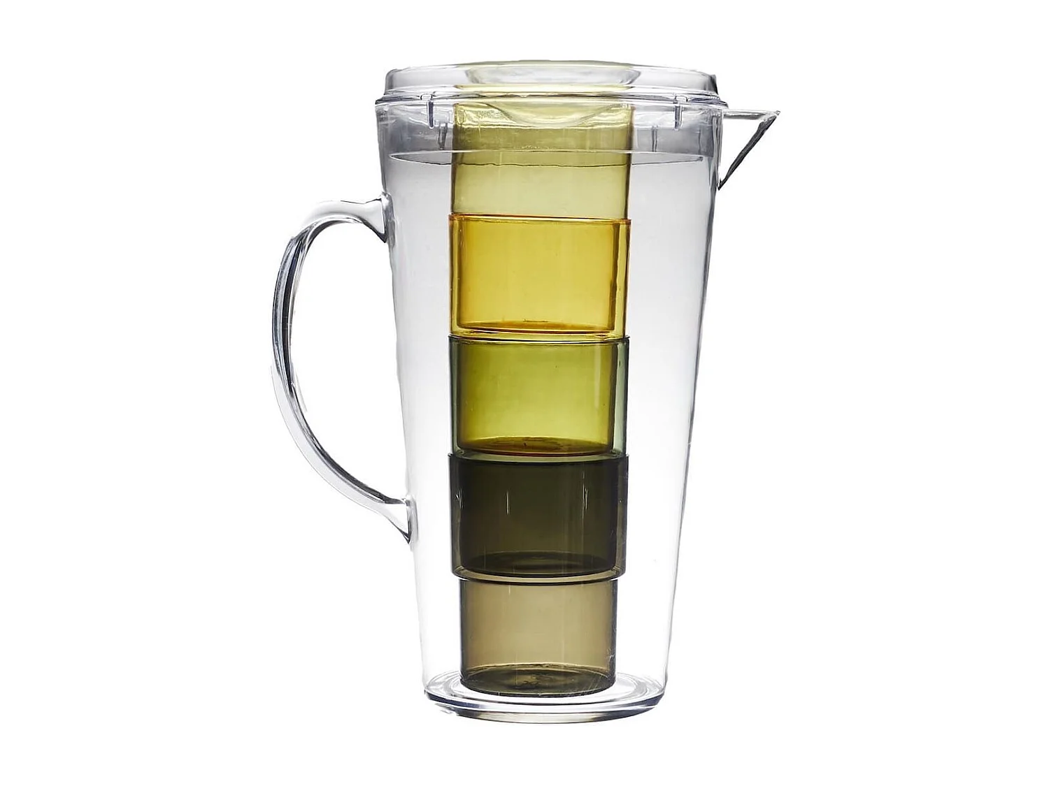 Ensemble de 1 pichet et 4 verres assortis en plastique coloré (vert, jaune, transparent)