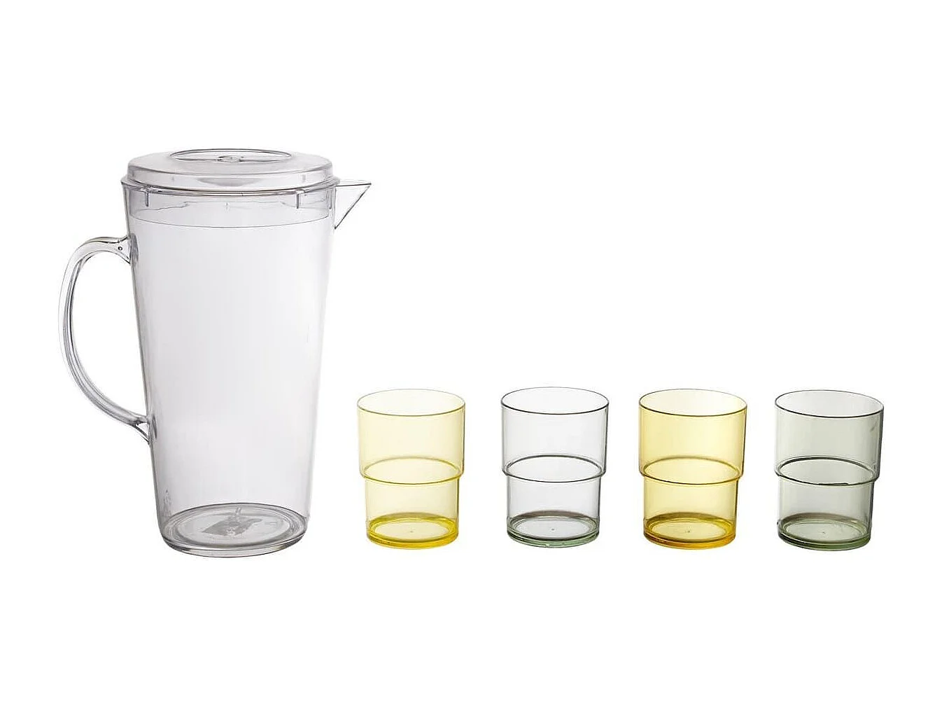 Ensemble de 1 pichet et 4 verres assortis en plastique coloré (vert, jaune, transparent)