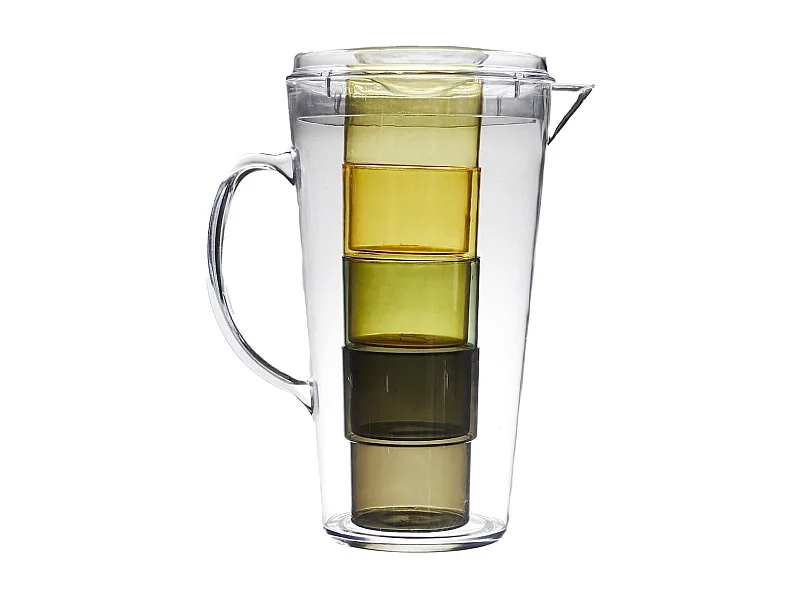 Ensemble de 1 pichet et 4 verres assortis en plastique coloré (vert, jaune, transparent)