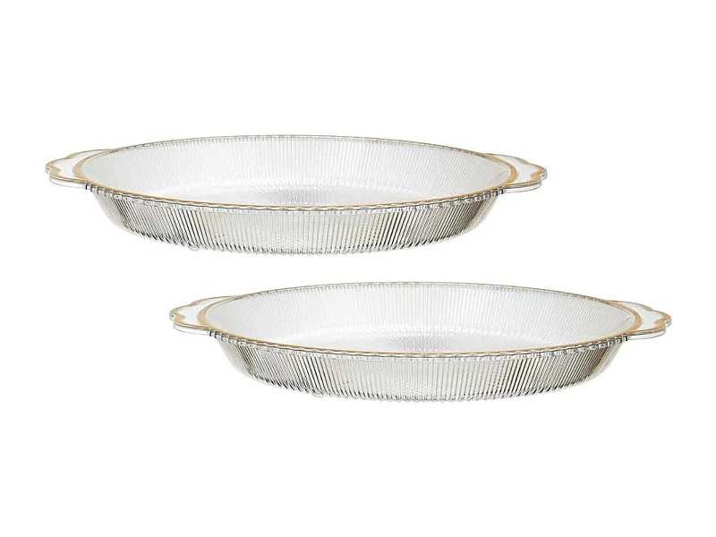 Set de 2 plats rond en plastique transparent texturé avec contour doré (L38,5 cm)