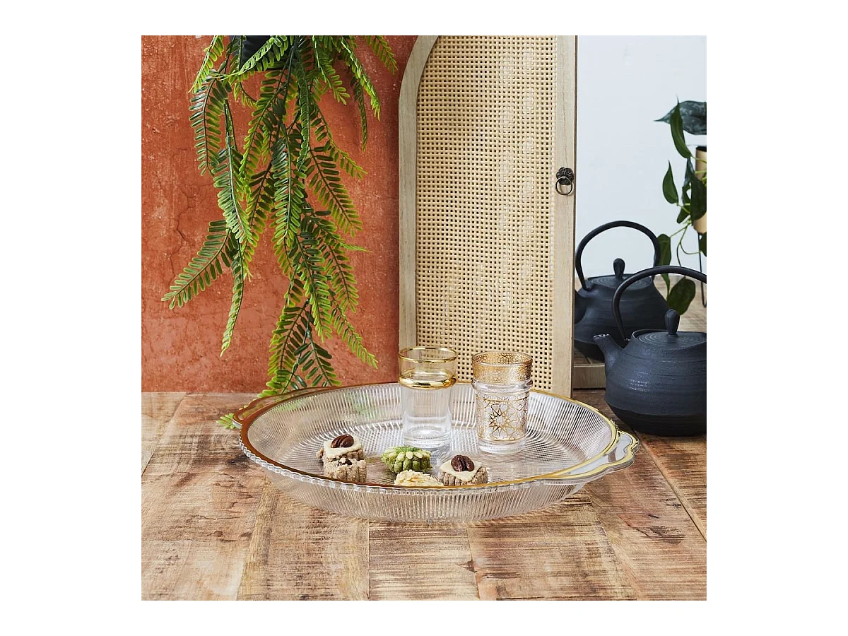 Set de 2 plats rond en plastique transparent texturé avec contour doré (L38,5 cm)