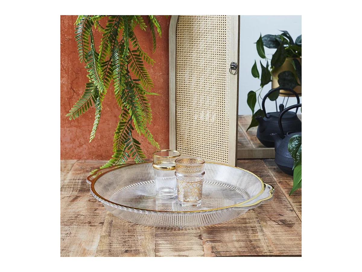 Set de 2 plats rond en plastique transparent texturé avec contour doré (L38,5 cm)