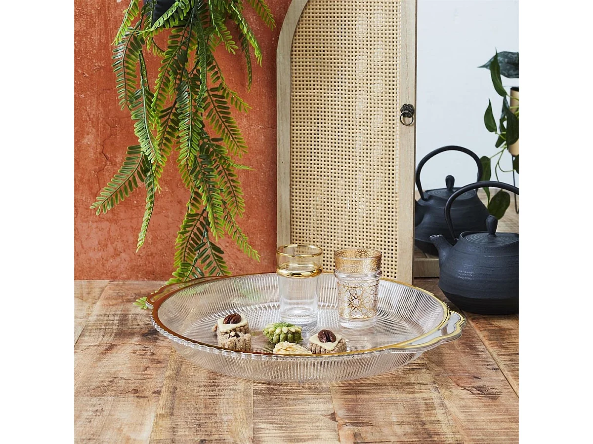 Set de 2 plats rond en plastique transparent texturé avec contour doré (L38,5 cm)