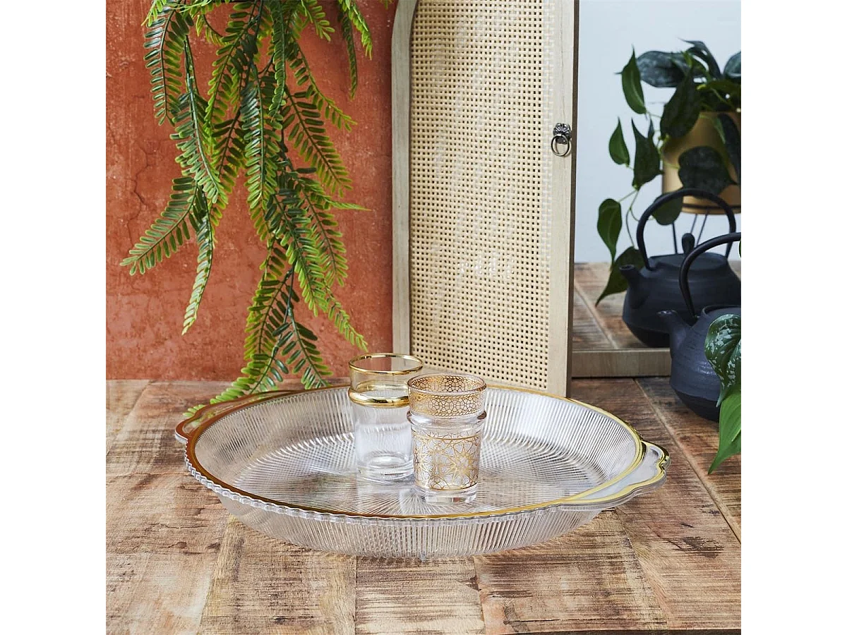 Set de 2 plats rond en plastique transparent texturé avec contour doré (L38,5 cm)