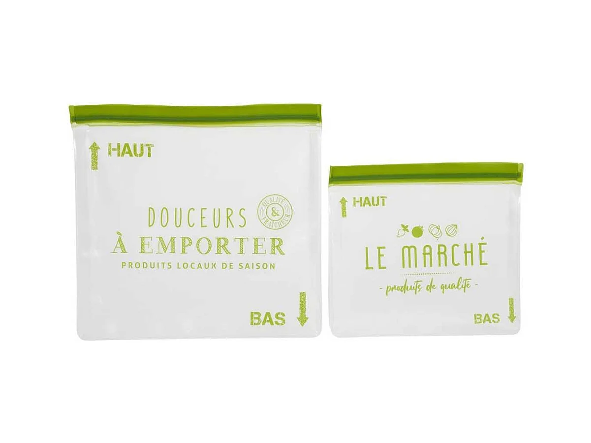 Lot de 2 sachets transparents réutilisables et hermétiques fermeture à zip