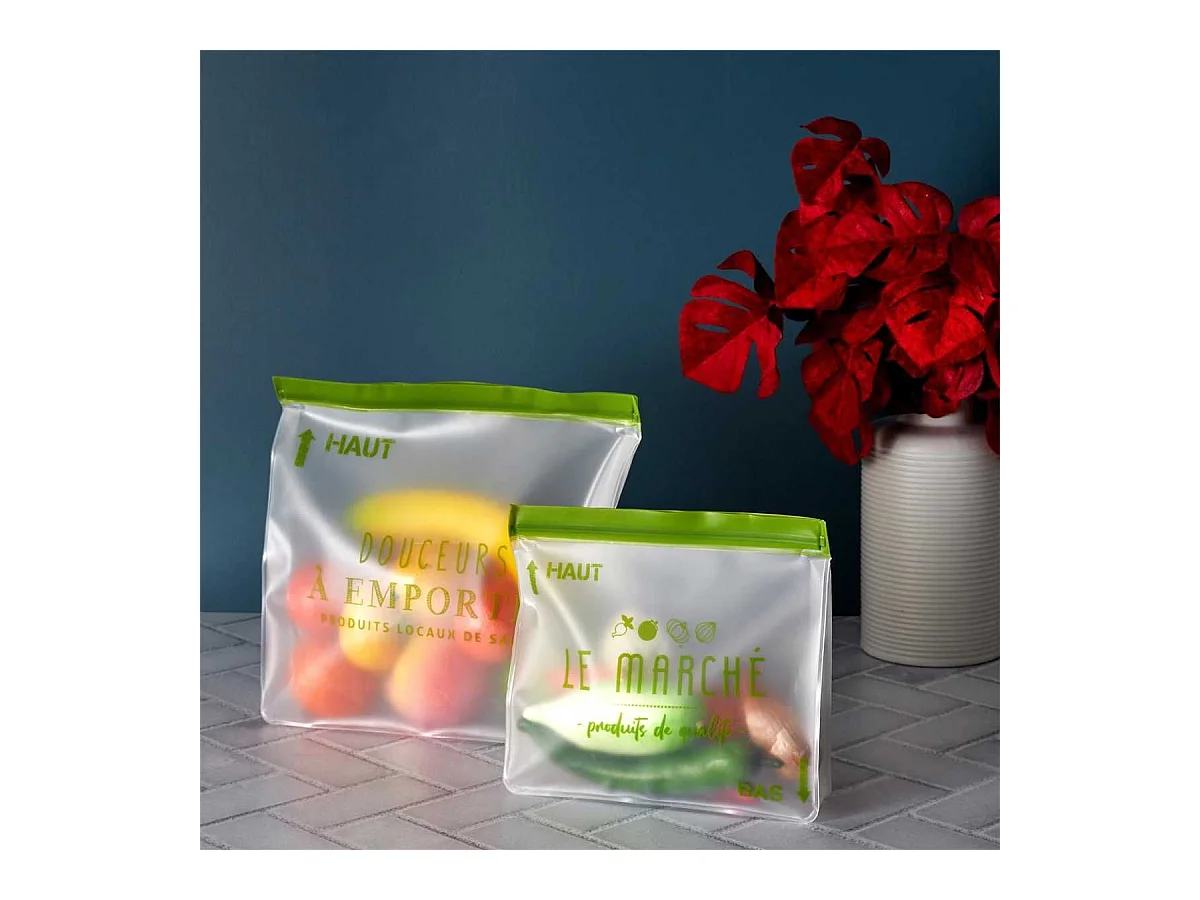 Lot de 2 sachets transparents réutilisables et hermétiques fermeture à zip