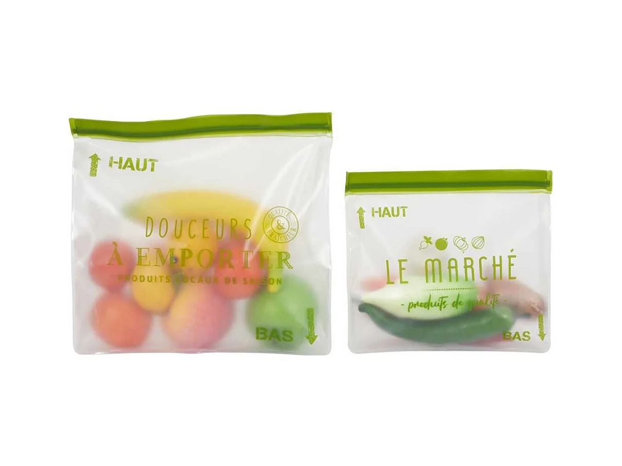 Lot de 2 sachets transparents réutilisables et hermétiques fermeture à zip