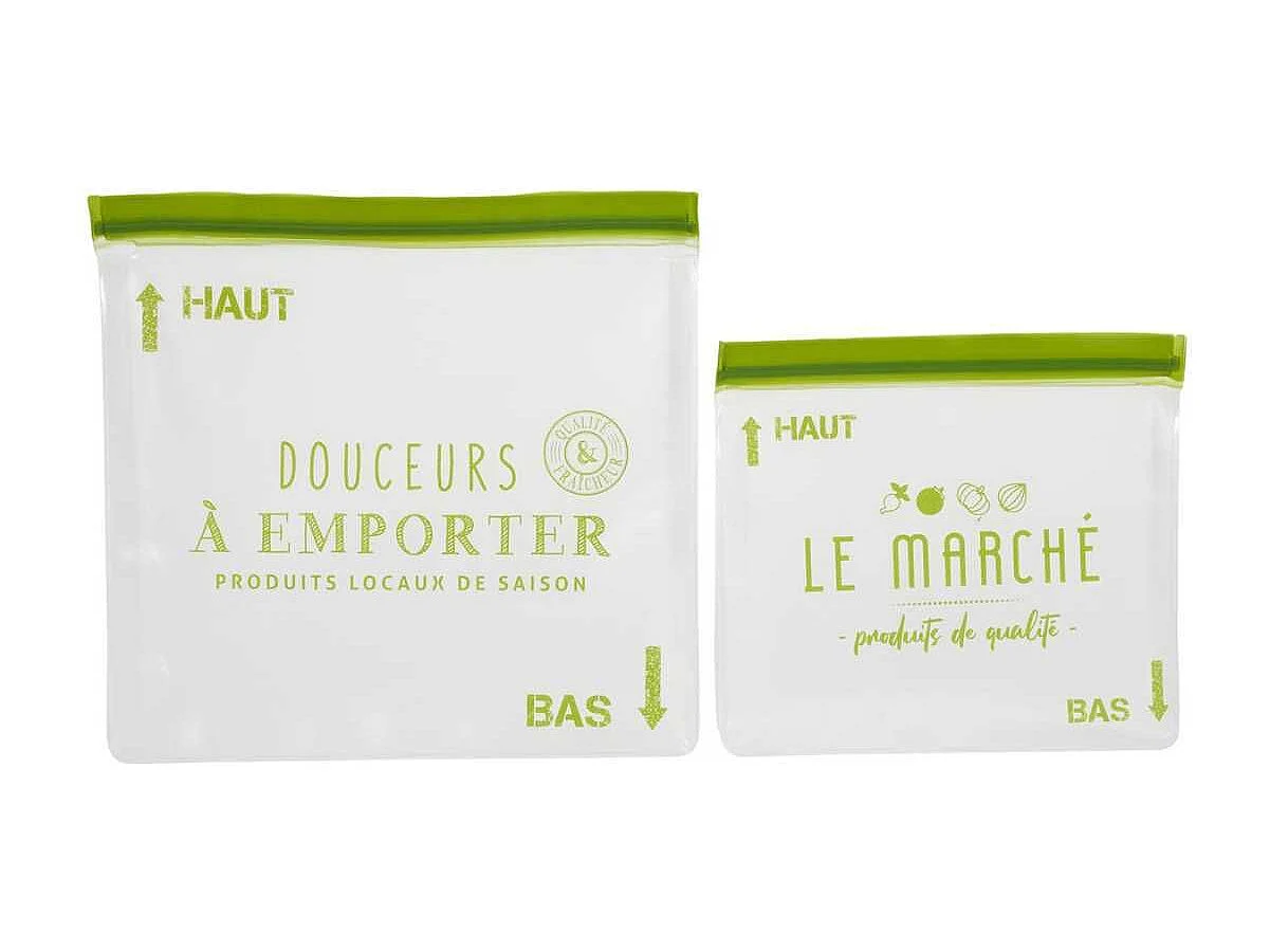 Lot de 2 sachets transparents réutilisables et hermétiques fermeture à zip