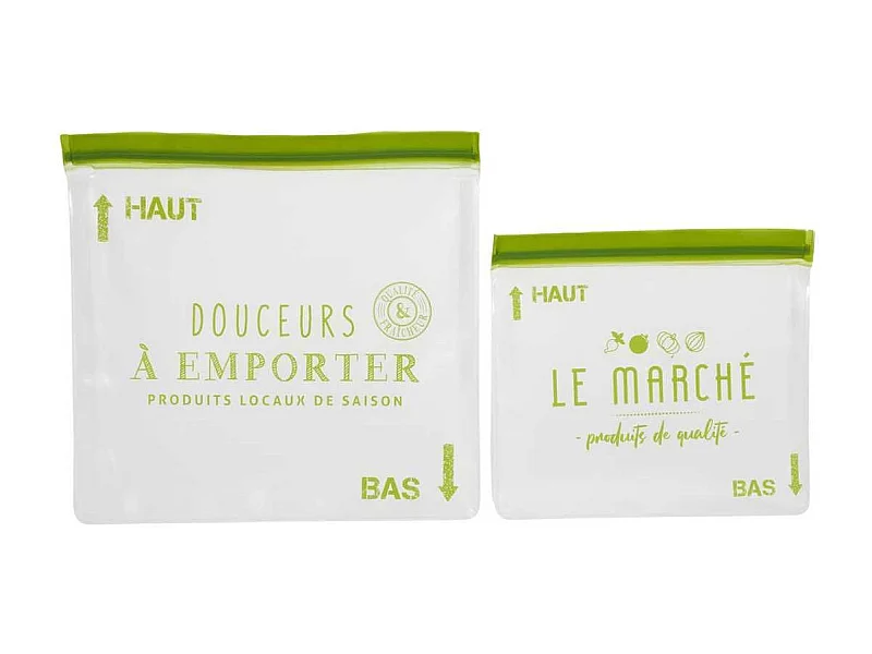 Lot de 2 sachets transparents réutilisables et hermétiques fermeture à zip