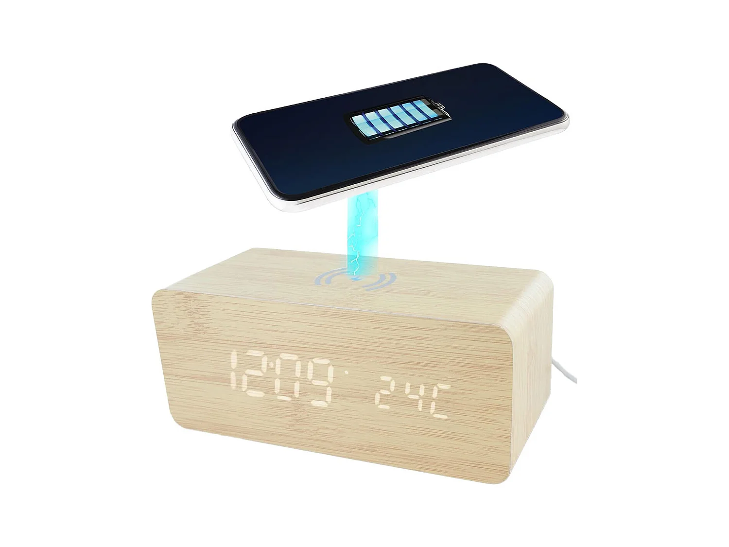 Réveil 2-en-1 Chargeur à Induction Effet Bois Clair - LEEGO