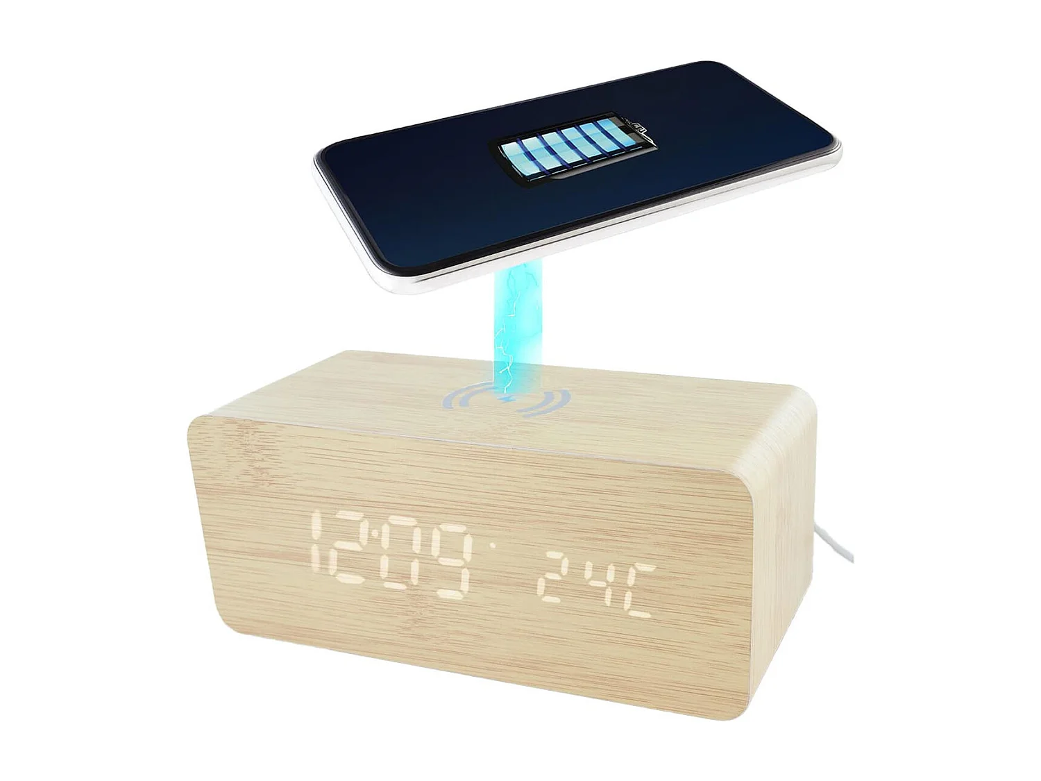 Réveil 2-en-1 Chargeur à Induction Effet Bois Clair - LEEGO